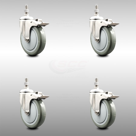 Service Caster 5 Inch 316SS Gray Polyurethane Wheel Swivel 10mm Stem Caster Set Lock Brake SCC-SS316TSTTL20S514-PPUB-M1015-4